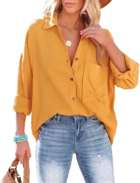 Mingzhu Womens Oversized Button Down Blouse Top Collared Long Sleeve Gauze Shirts
