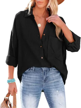 Mingzhu Womens Oversized Button Down Blouse Top Collared Long Sleeve Gauze Shirts