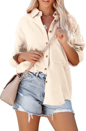 Mutitop Womens Button Down Shirts Cotton Long Sleeve Oversized Boyfriend Blouses Collared Dress Tops with Pockets