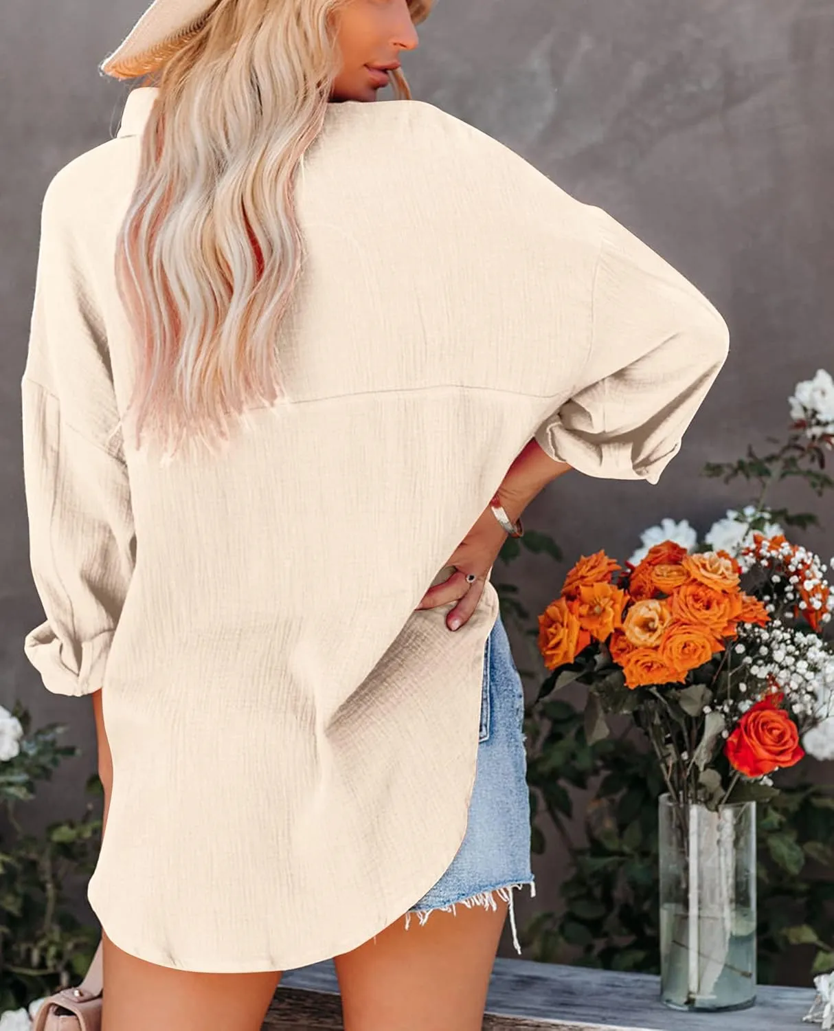 Mutitop Womens Button Down Shirts Cotton Long Sleeve Oversized Boyfriend Blouses Collared Dress Tops with Pockets