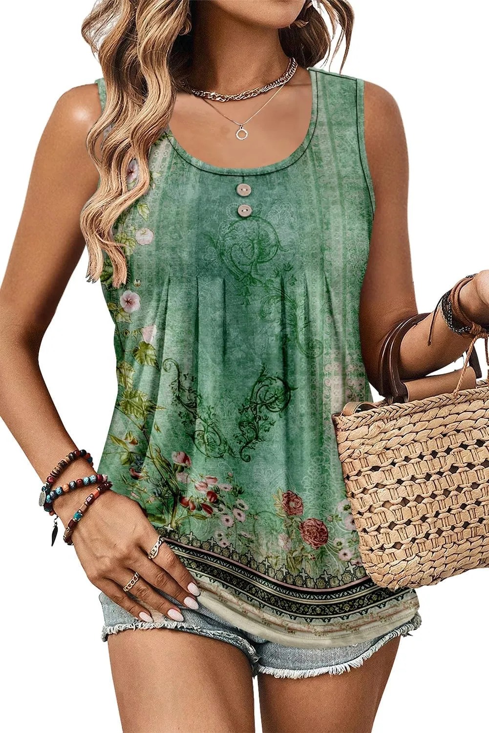 onlypuff Womens Tank Tops Sleeveless Pleated Crew Neck Shirts Dressy Casual Work Cami Blouse