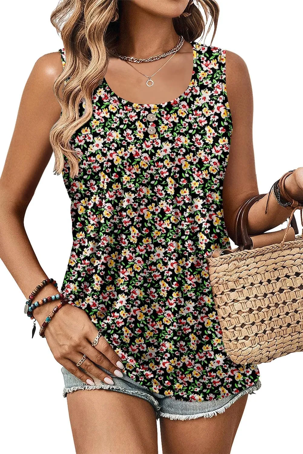 onlypuff Womens Tank Tops Sleeveless Pleated Crew Neck Shirts Dressy Casual Work Cami Blouse
