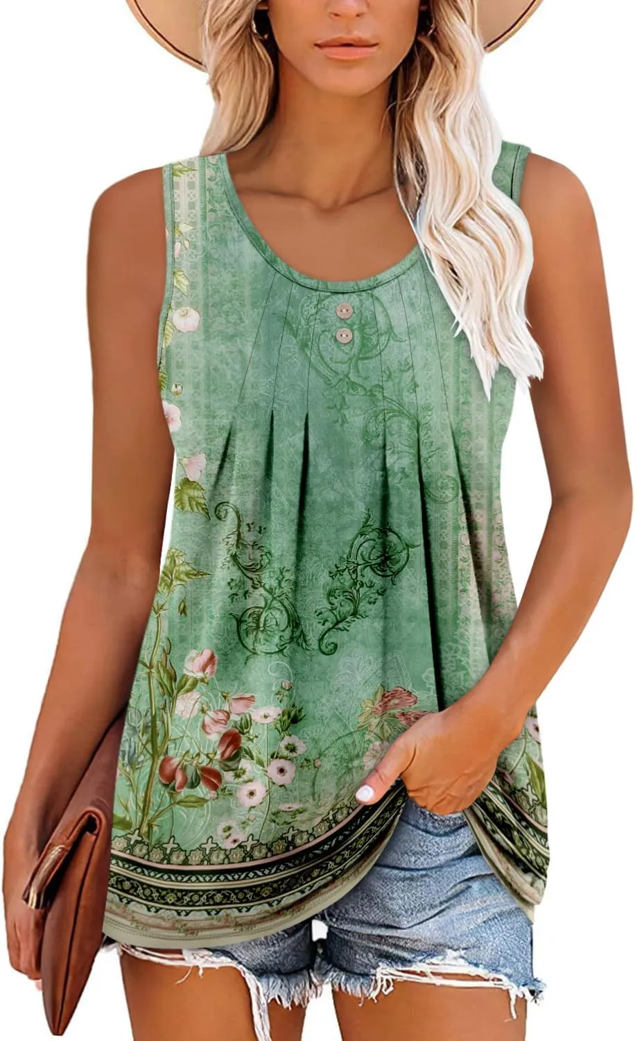 onlypuff Womens Tank Tops Sleeveless Pleated Crew Neck Shirts Dressy Casual Work Cami Blouse