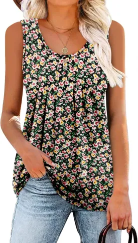 onlypuff Womens Tank Tops Sleeveless Pleated Crew Neck Shirts Dressy Casual Work Cami Blouse