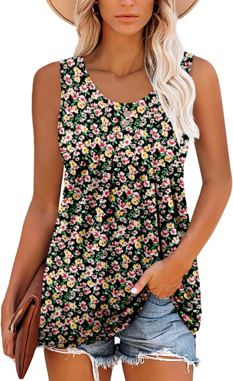 onlypuff Womens Tank Tops Sleeveless Pleated Crew Neck Shirts Dressy Casual Work Cami Blouse