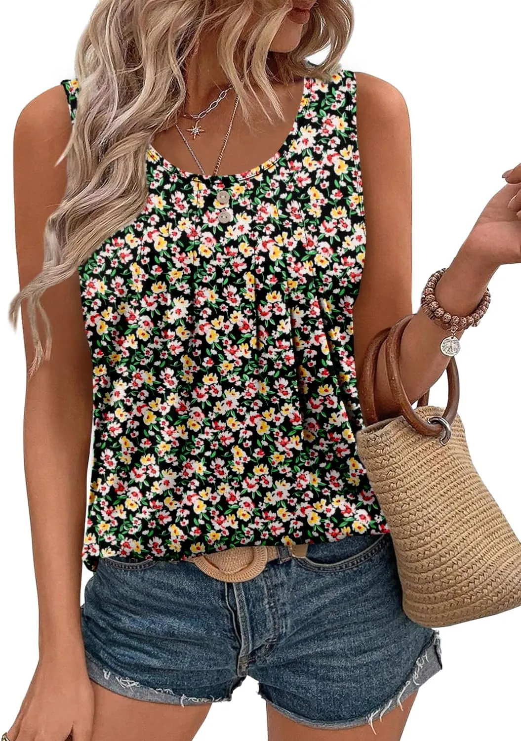 onlypuff Womens Tank Tops Sleeveless Pleated Crew Neck Shirts Dressy Casual Work Cami Blouse