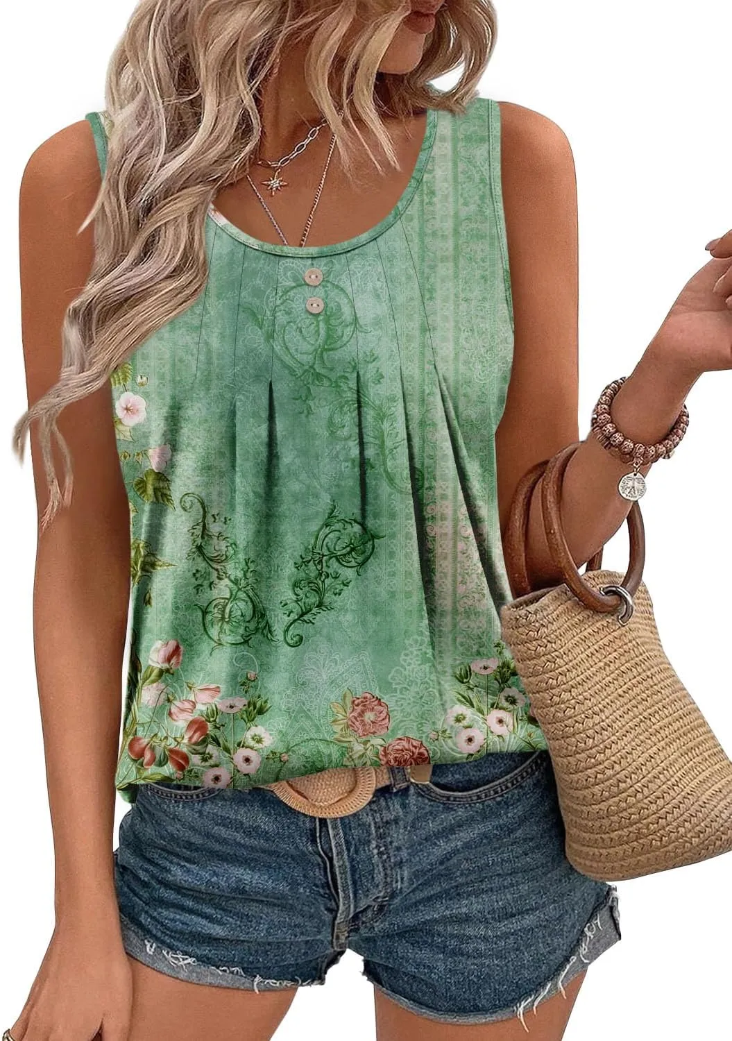 onlypuff Womens Tank Tops Sleeveless Pleated Crew Neck Shirts Dressy Casual Work Cami Blouse