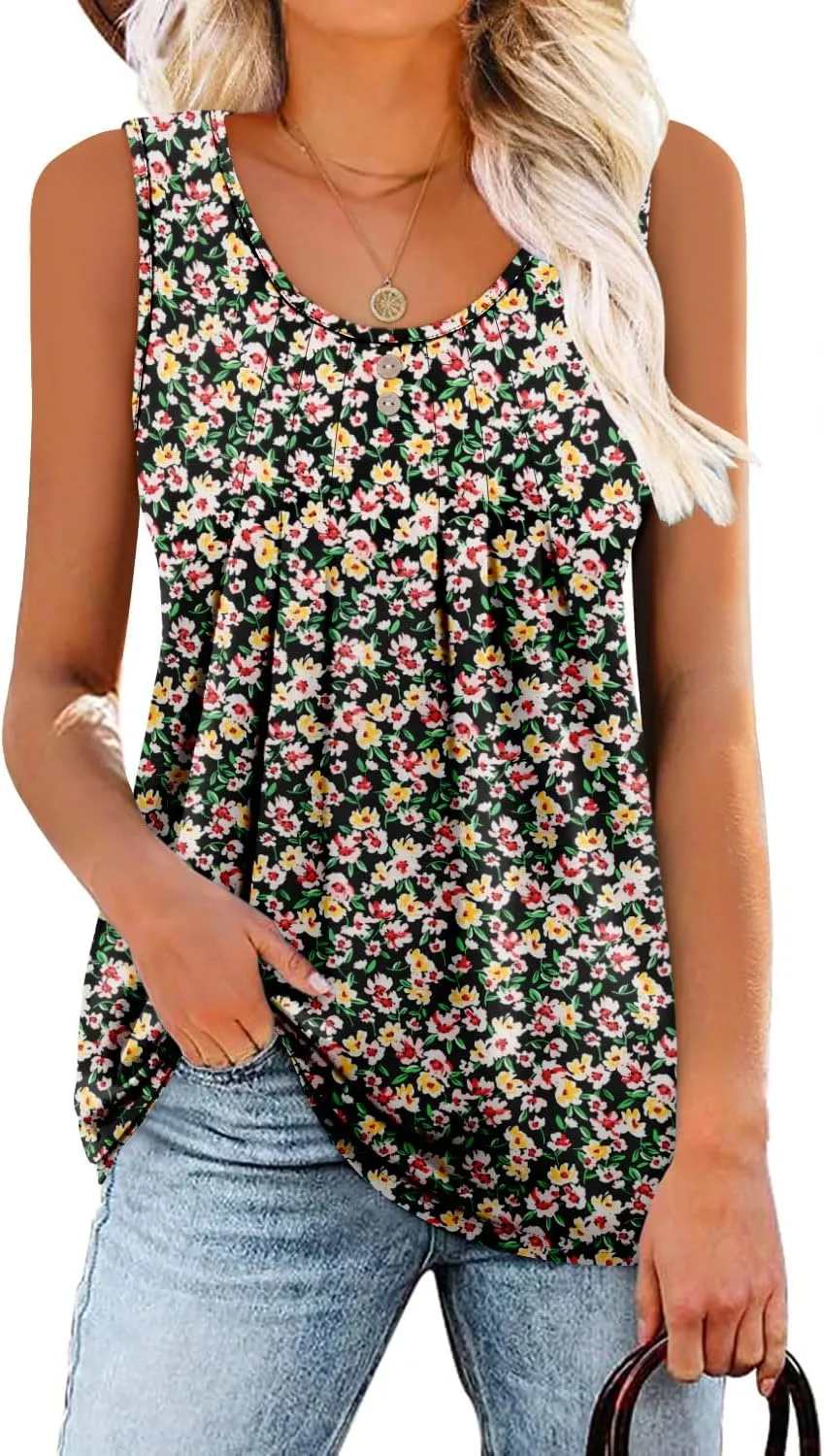 onlypuff Womens Tank Tops Sleeveless Pleated Crew Neck Shirts Dressy Casual Work Cami Blouse