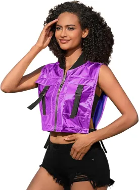 Perfashion Cropped Vest For Women Buckle Zip Up Metallic Cargo Cyberpunk Jacket With Pockets Streetwear Rave Outfit