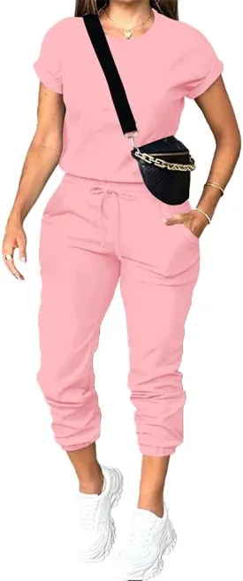 PINSV Women's 2 Piece Outfits Tracksuit Sets Short Sleeve Tops Jogger Pants with Pockets