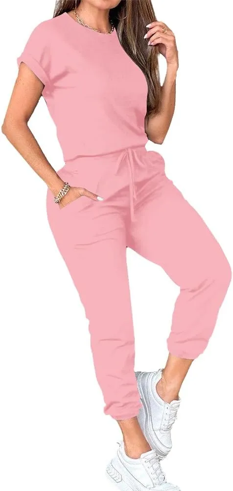 PINSV Women's 2 Piece Outfits Tracksuit Sets Short Sleeve Tops Jogger Pants with Pockets
