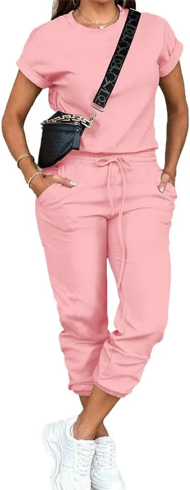 PINSV Women's 2 Piece Outfits Tracksuit Sets Short Sleeve Tops Jogger Pants with Pockets
