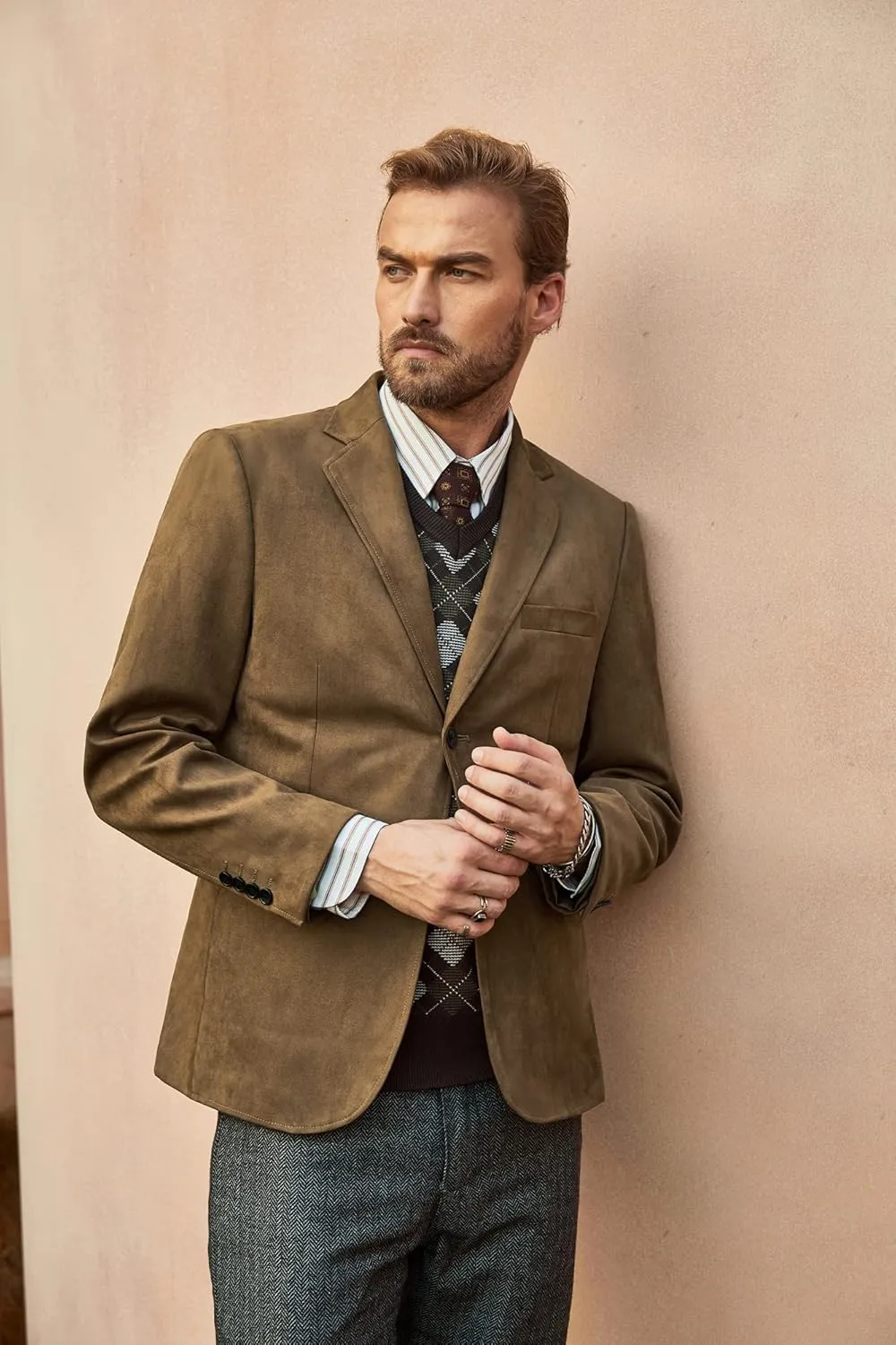 PJ PAUL JONES Mens Blazer Jacket Faux Leather Suit Jacket Casual 2 Buttons Suede Sport Blazer Coat with Pockets