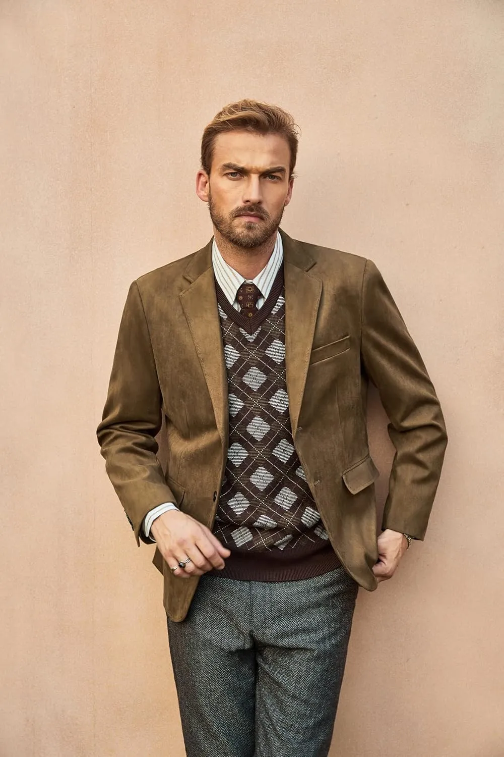 PJ PAUL JONES Mens Blazer Jacket Faux Leather Suit Jacket Casual 2 Buttons Suede Sport Blazer Coat with Pockets