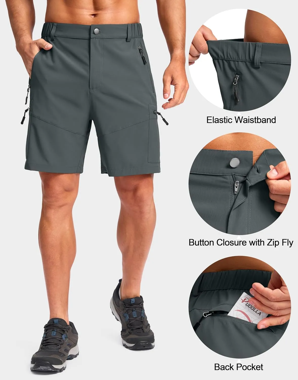 Pudolla Men's Hiking Cargo Shorts Lightweight 7" Travel Casual Shorts for Men Golf Work Outdoor with 5 Zipper Pockets