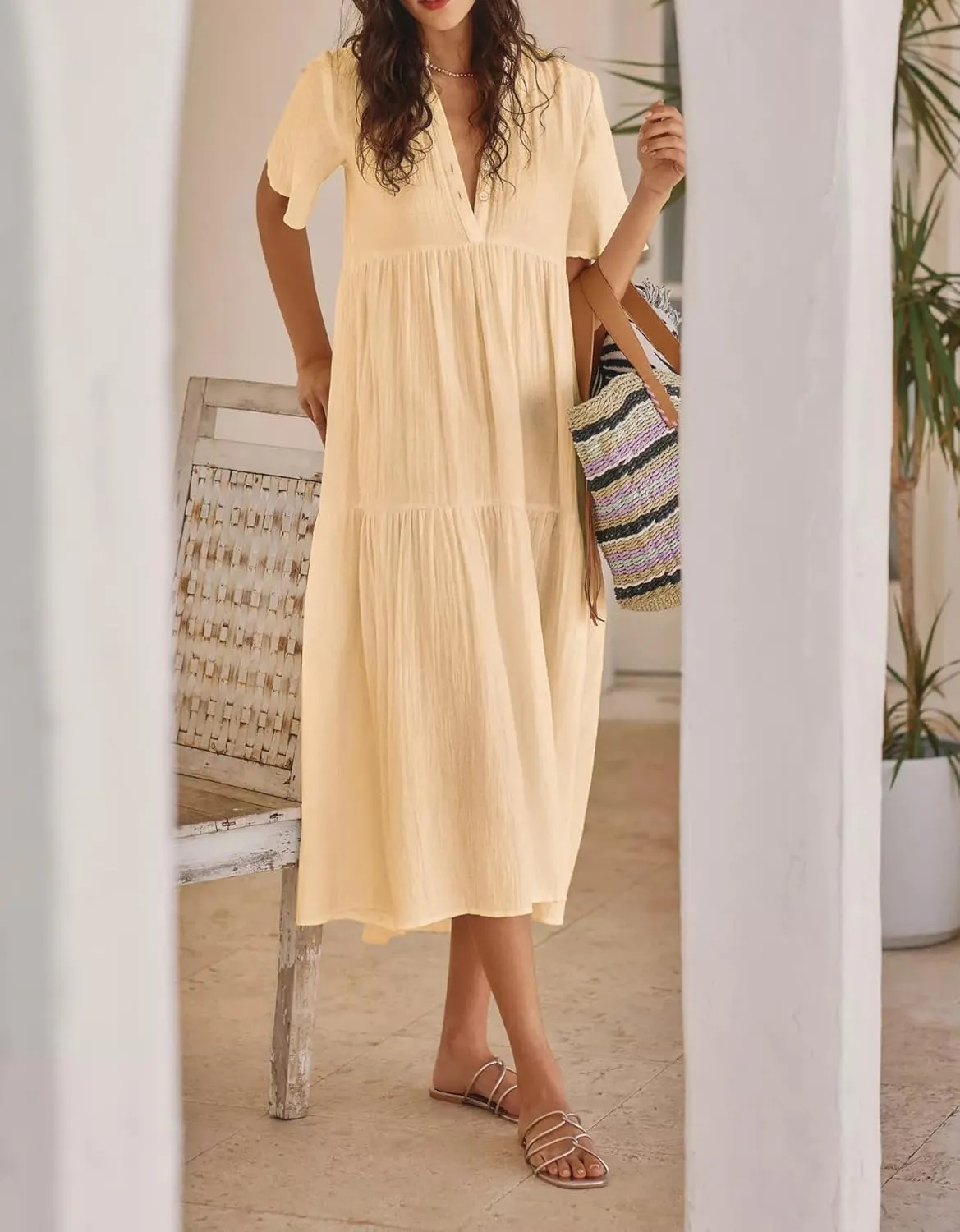 R.Vivimos Womens Summer Cotton Flowy Maxi Dress Short Sleeve V Neck Empire Waist Boho Tiered Ruffle Casual Loose Long Dresses