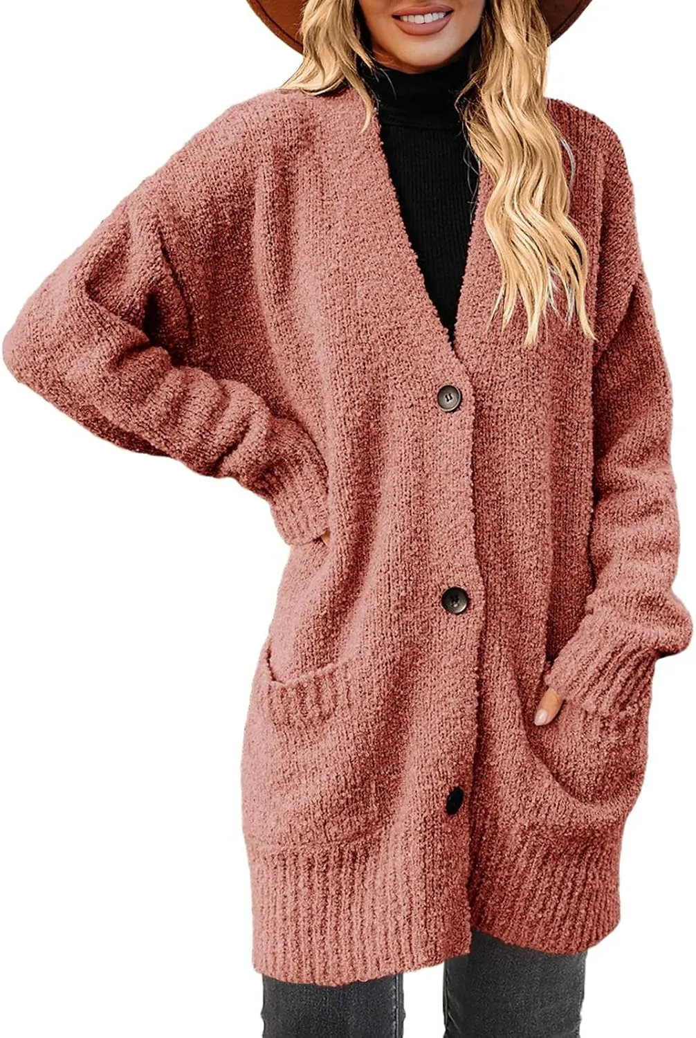 Saodimallsu Women's Chunky Popcorn Cardigan Oversized Open Front Boyfriend Batwing Long Sleeve Fuzzy Knit Sweaters