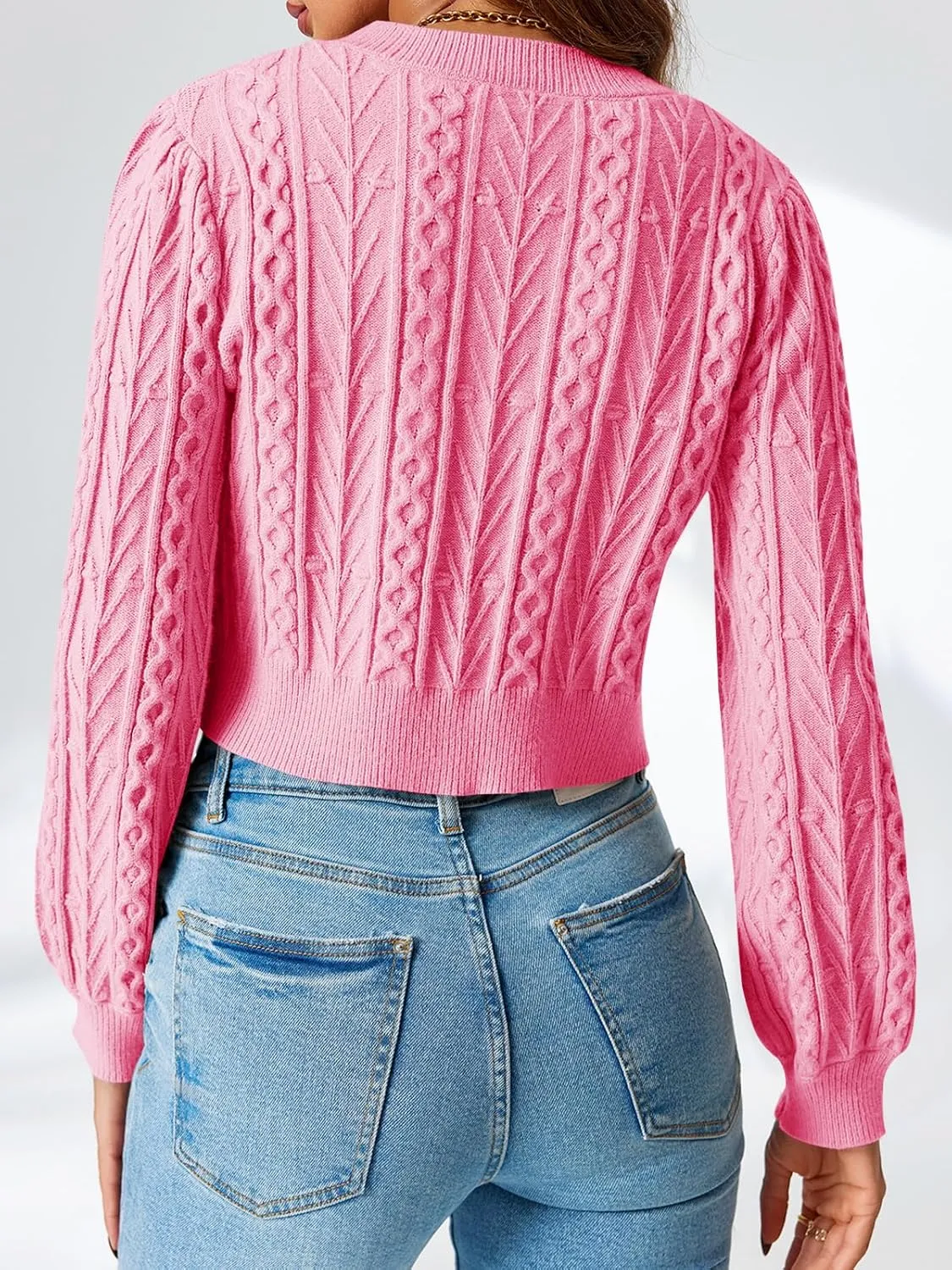 Saodimallsu Womens Cropped Cable Knit Cardigan Sweaters Long Sleeve Bow Tie Front Crew Neck Chunky Sweater Tops