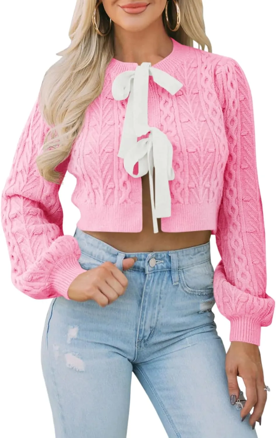 Saodimallsu Womens Cropped Cable Knit Cardigan Sweaters Long Sleeve Bow Tie Front Crew Neck Chunky Sweater Tops