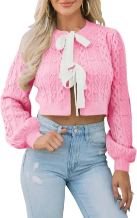 Saodimallsu Womens Cropped Cable Knit Cardigan Sweaters Long Sleeve Bow Tie Front Crew Neck Chunky Sweater Tops