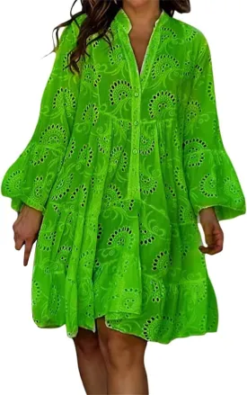 Summer Dresses for Women Floral Boho V Neck Button Down Hollow Out Lace Eyelet Embroidery Midi Flowy Swing Solid