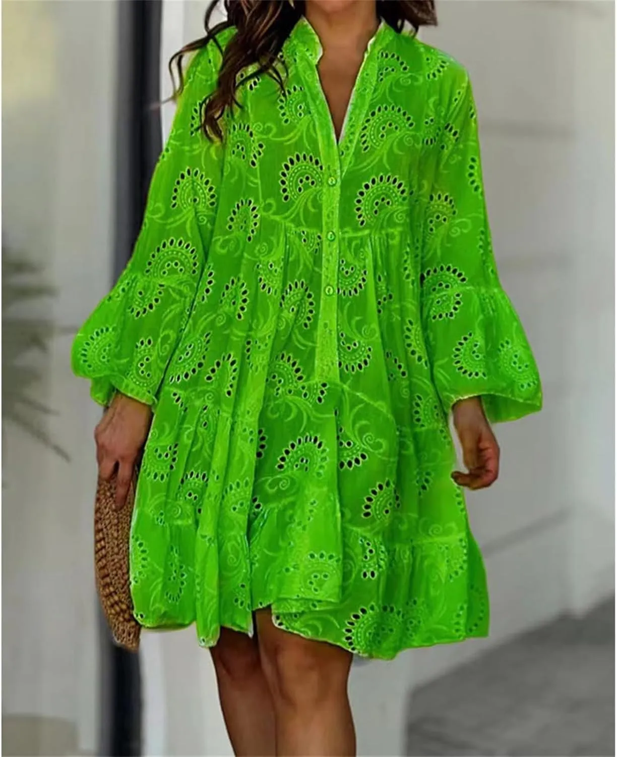 Summer Dresses for Women Floral Boho V Neck Button Down Hollow Out Lace Eyelet Embroidery Midi Flowy Swing Solid