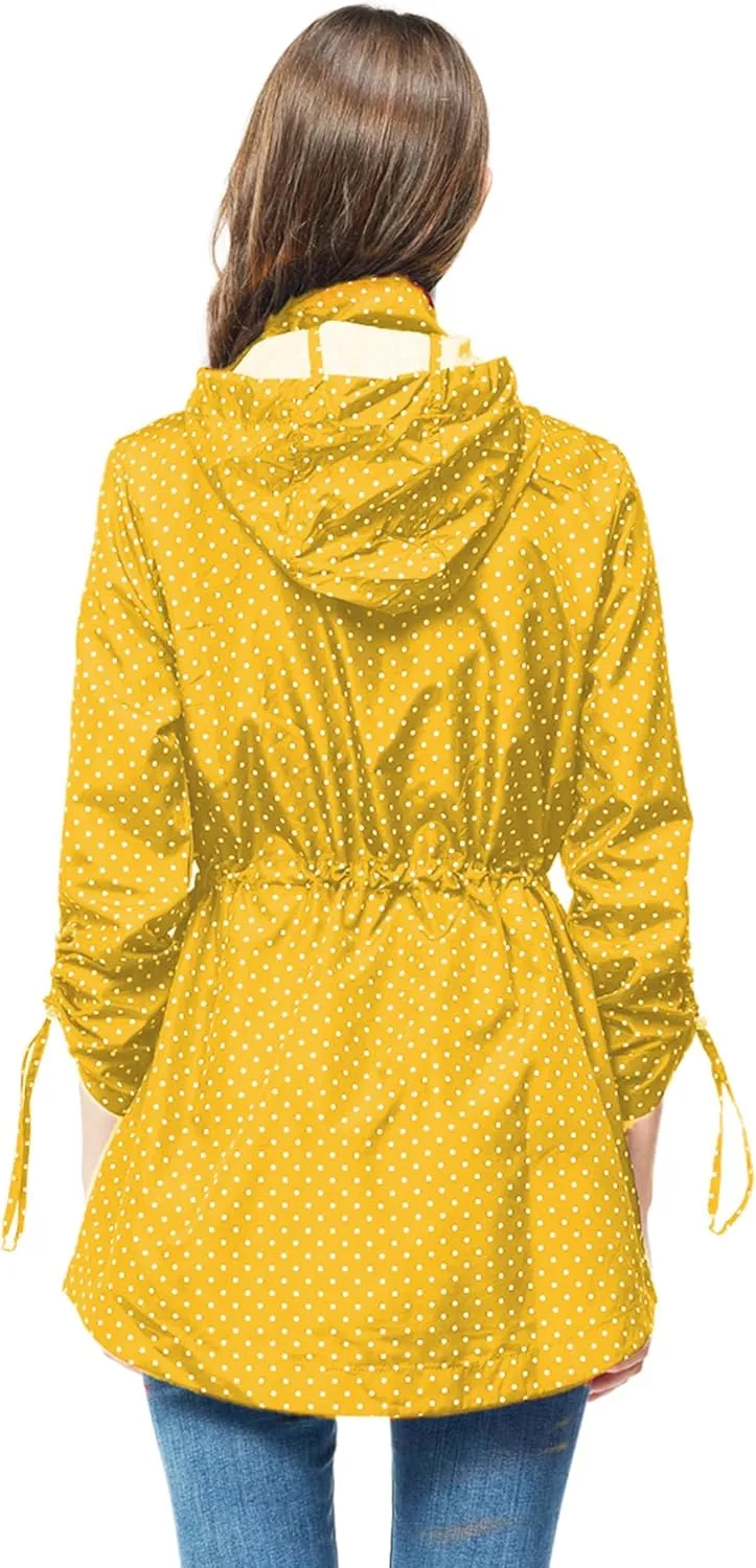 TRATENBY Rain-Jacket Women-Waterproof Lightweight-Packable Hood-Raincoat  Travel Windbreaker Coat in A Pouch Polka Dot