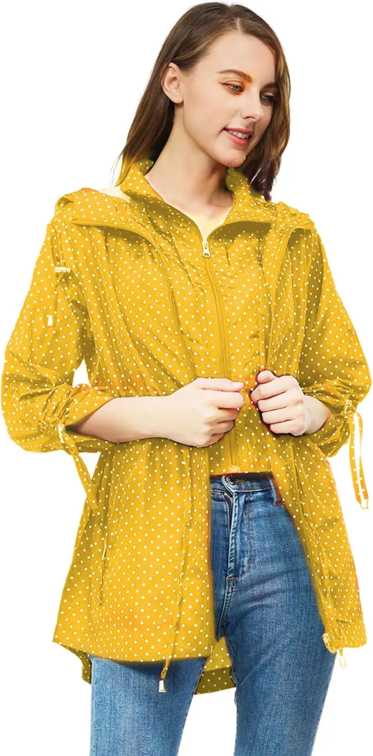 TRATENBY Rain-Jacket Women-Waterproof Lightweight-Packable Hood-Raincoat  Travel Windbreaker Coat in A Pouch Polka Dot