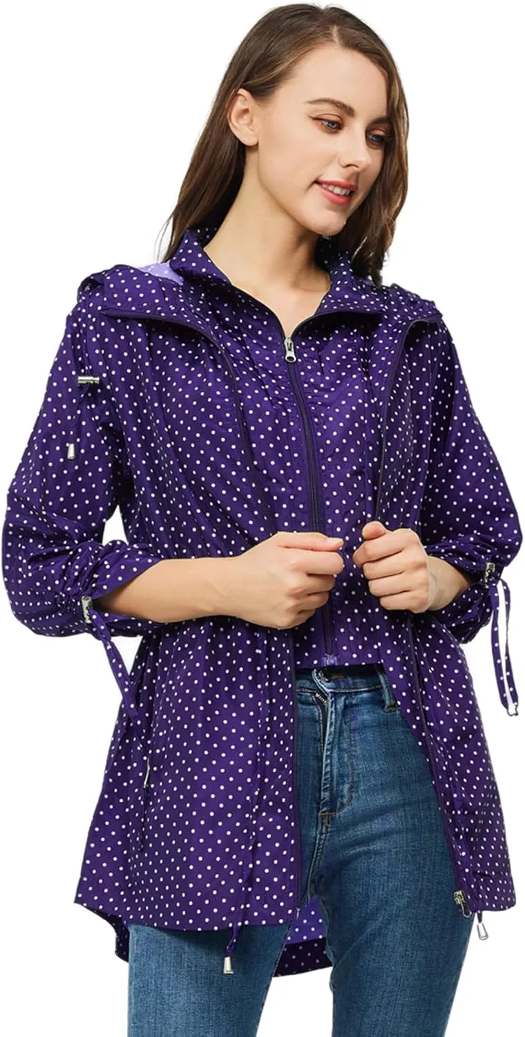 TRATENBY Rain-Jacket Women-Waterproof Lightweight-Packable Hood-Raincoat  Travel Windbreaker Coat in A Pouch Polka Dot
