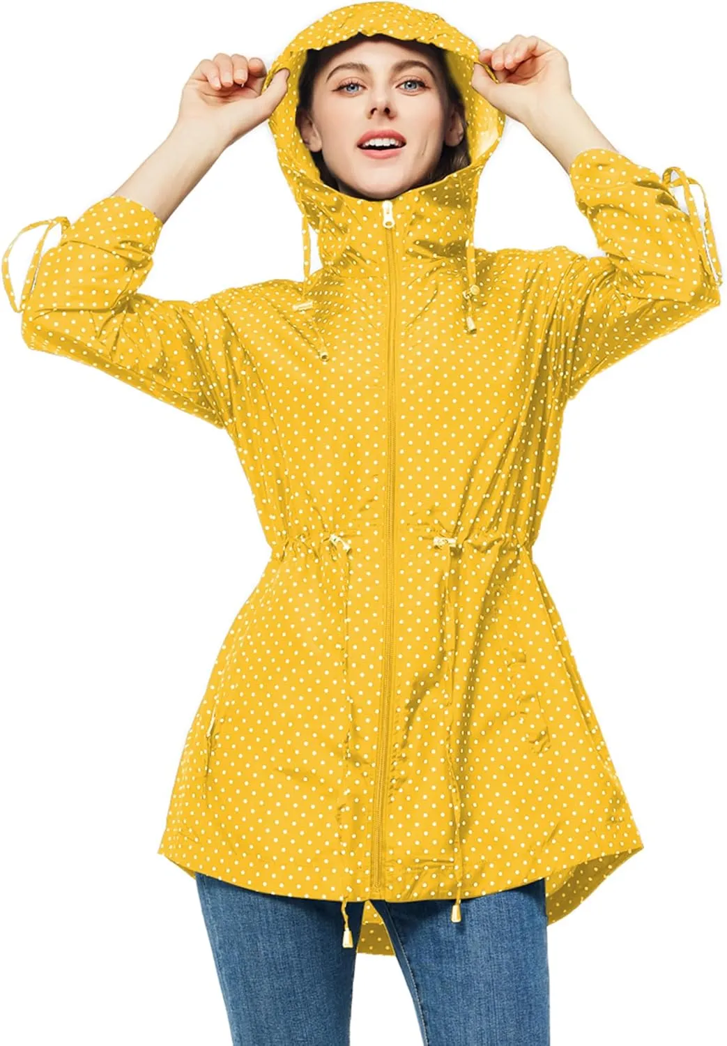 TRATENBY Rain-Jacket Women-Waterproof Lightweight-Packable Hood-Raincoat  Travel Windbreaker Coat in A Pouch Polka Dot