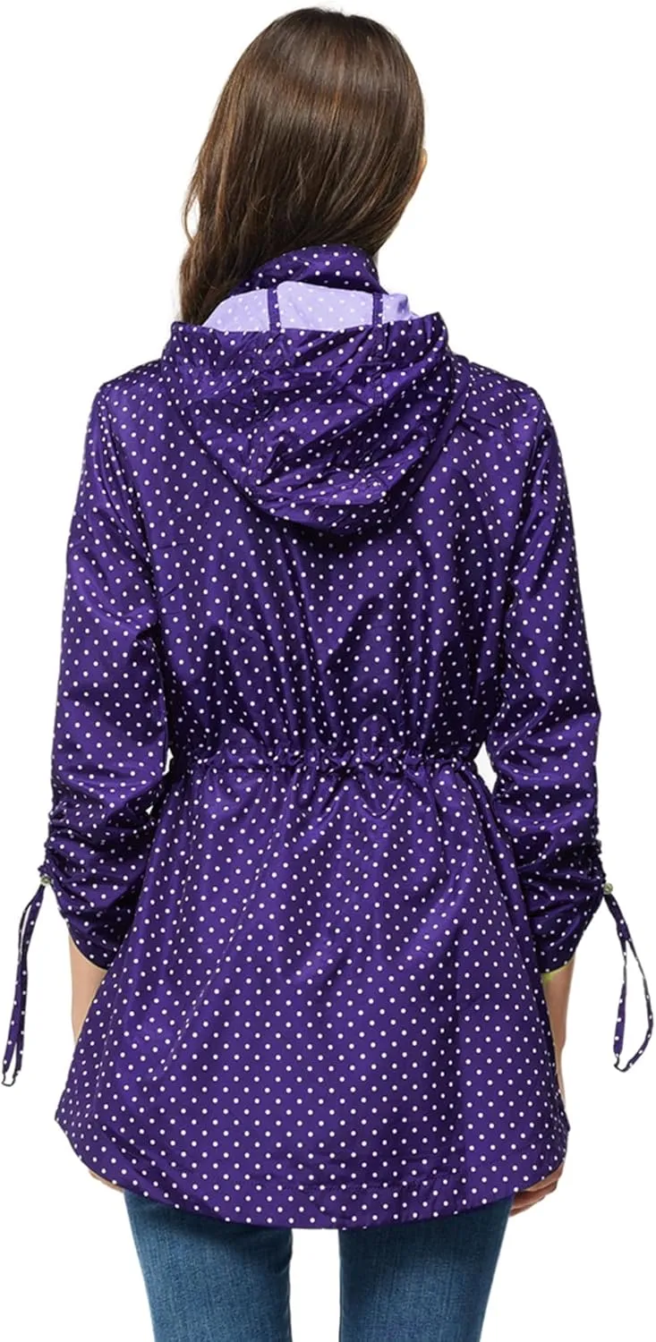 TRATENBY Rain-Jacket Women-Waterproof Lightweight-Packable Hood-Raincoat  Travel Windbreaker Coat in A Pouch Polka Dot