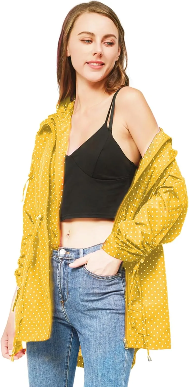 TRATENBY Rain-Jacket Women-Waterproof Lightweight-Packable Hood-Raincoat  Travel Windbreaker Coat in A Pouch Polka Dot