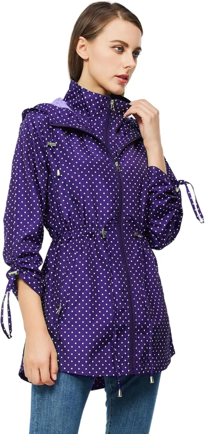 TRATENBY Rain-Jacket Women-Waterproof Lightweight-Packable Hood-Raincoat  Travel Windbreaker Coat in A Pouch Polka Dot