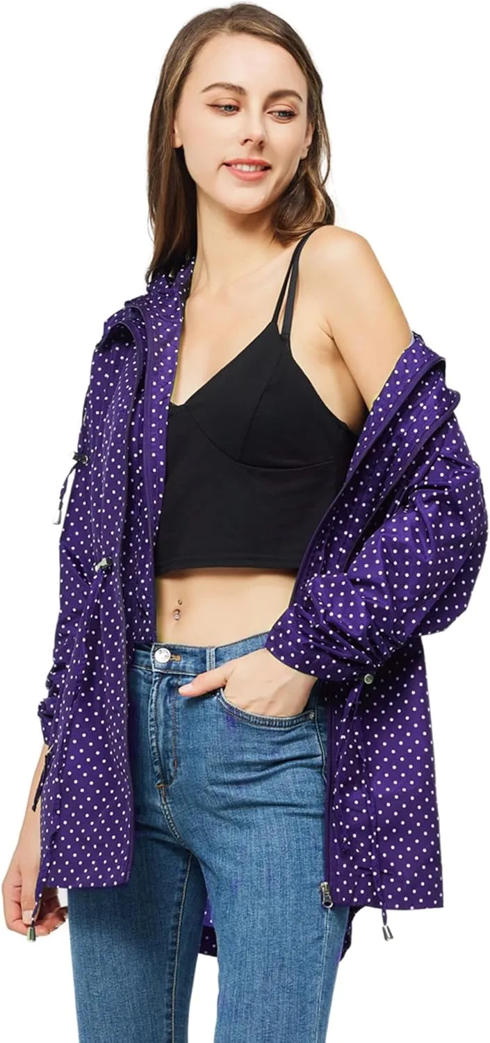 TRATENBY Rain-Jacket Women-Waterproof Lightweight-Packable Hood-Raincoat  Travel Windbreaker Coat in A Pouch Polka Dot