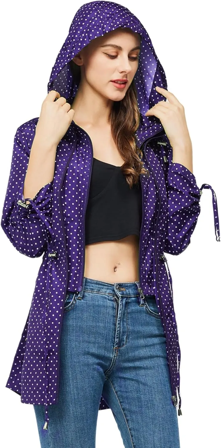 TRATENBY Rain-Jacket Women-Waterproof Lightweight-Packable Hood-Raincoat  Travel Windbreaker Coat in A Pouch Polka Dot