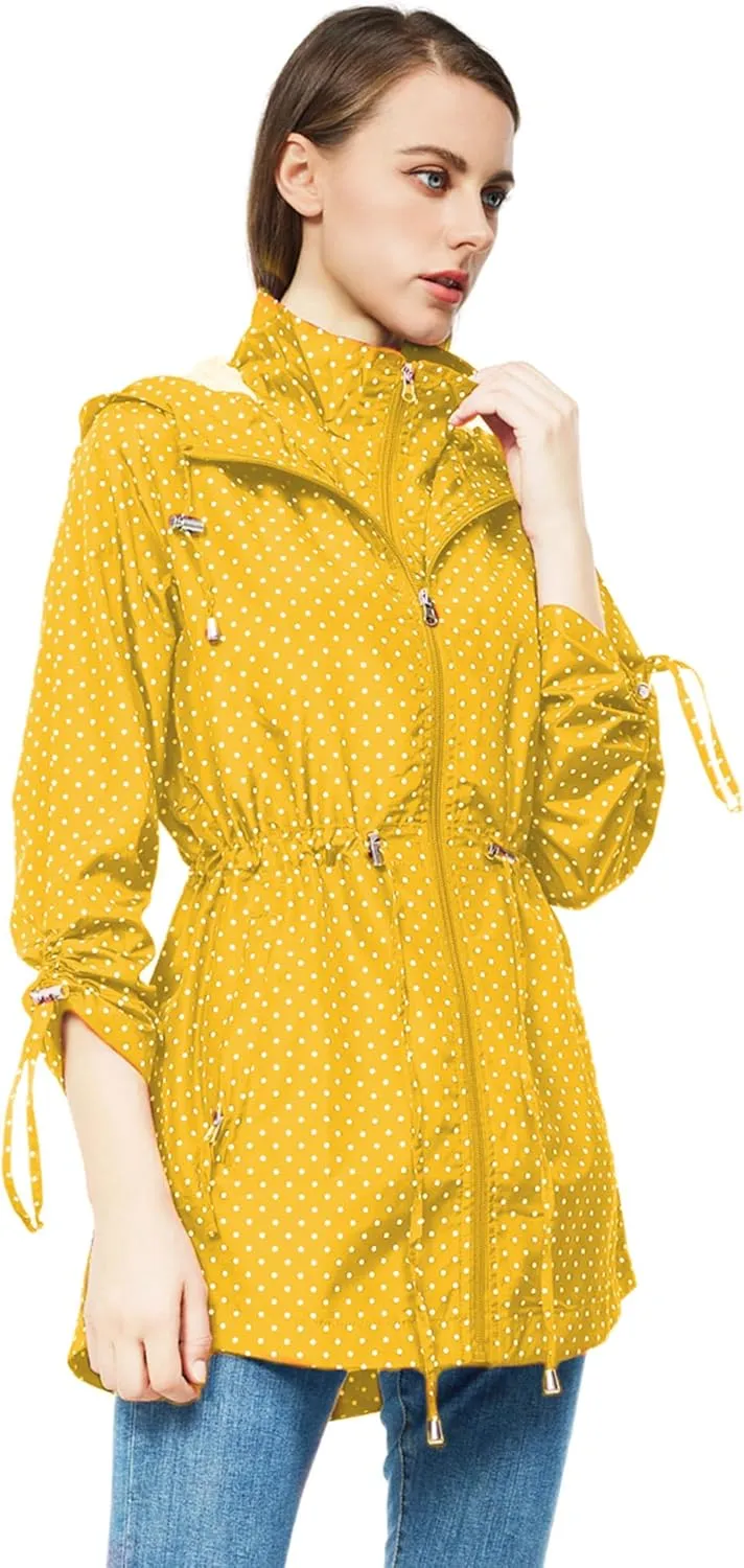 TRATENBY Rain-Jacket Women-Waterproof Lightweight-Packable Hood-Raincoat  Travel Windbreaker Coat in A Pouch Polka Dot