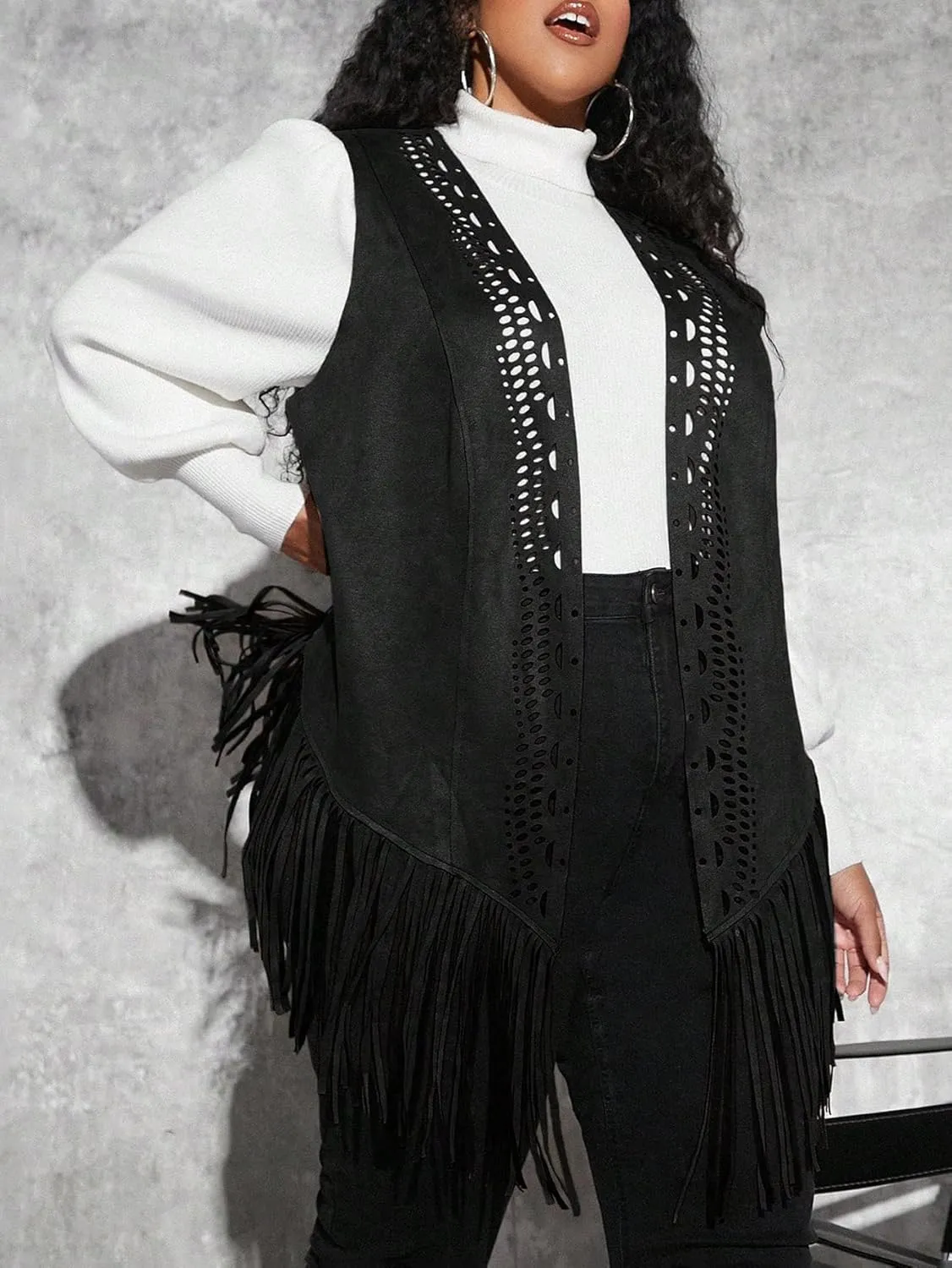 WDIRARA Women's Plus Fringe Sleeveless Vest Fringe Tassel Faux Suede Open Front 70S Hippie Jacket Cardigan