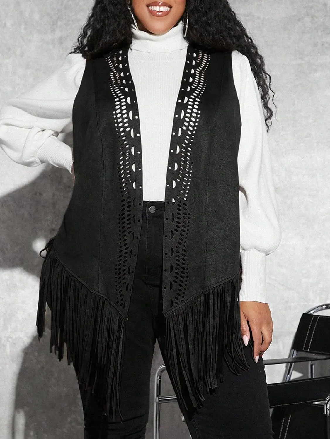 WDIRARA Women's Plus Fringe Sleeveless Vest Fringe Tassel Faux Suede Open Front 70S Hippie Jacket Cardigan
