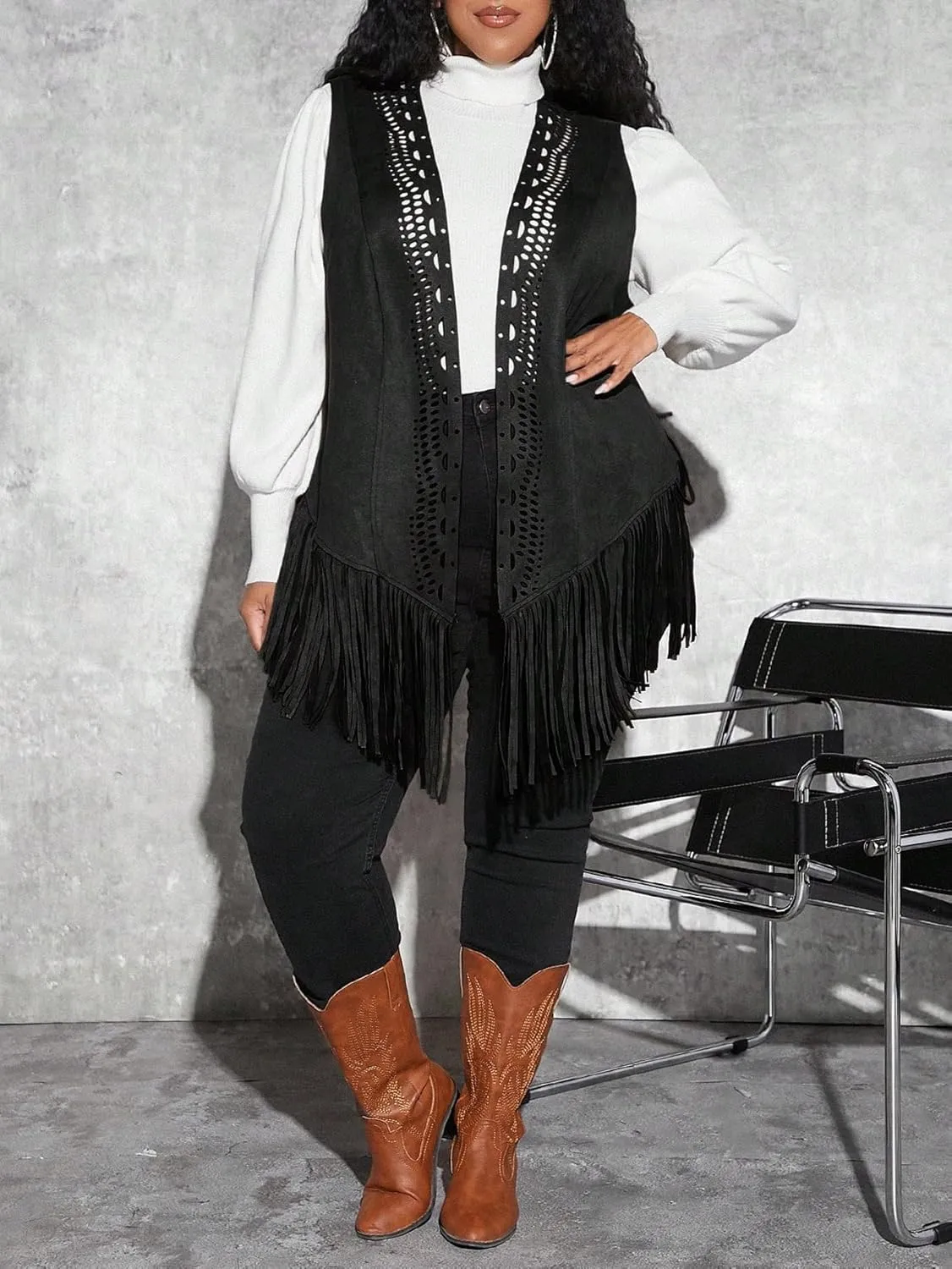 WDIRARA Women's Plus Fringe Sleeveless Vest Fringe Tassel Faux Suede Open Front 70S Hippie Jacket Cardigan