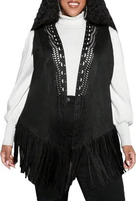 WDIRARA Women's Plus Fringe Sleeveless Vest Fringe Tassel Faux Suede Open Front 70S Hippie Jacket Cardigan