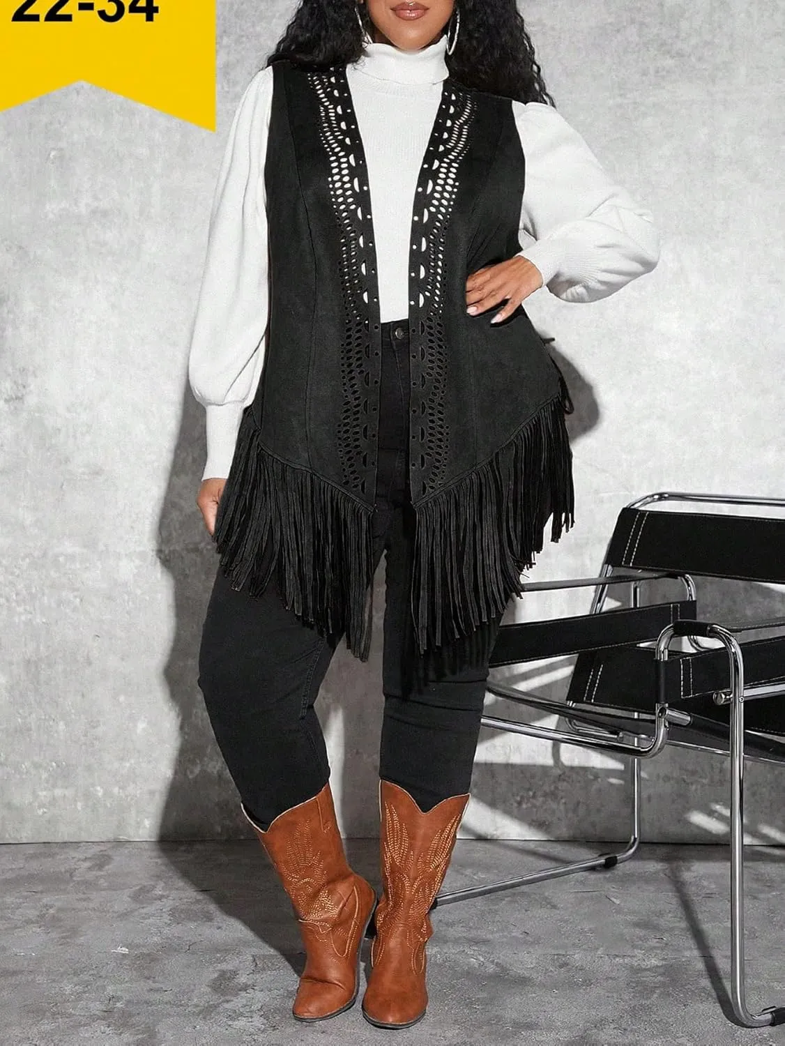 WDIRARA Women's Plus Fringe Sleeveless Vest Fringe Tassel Faux Suede Open Front 70S Hippie Jacket Cardigan
