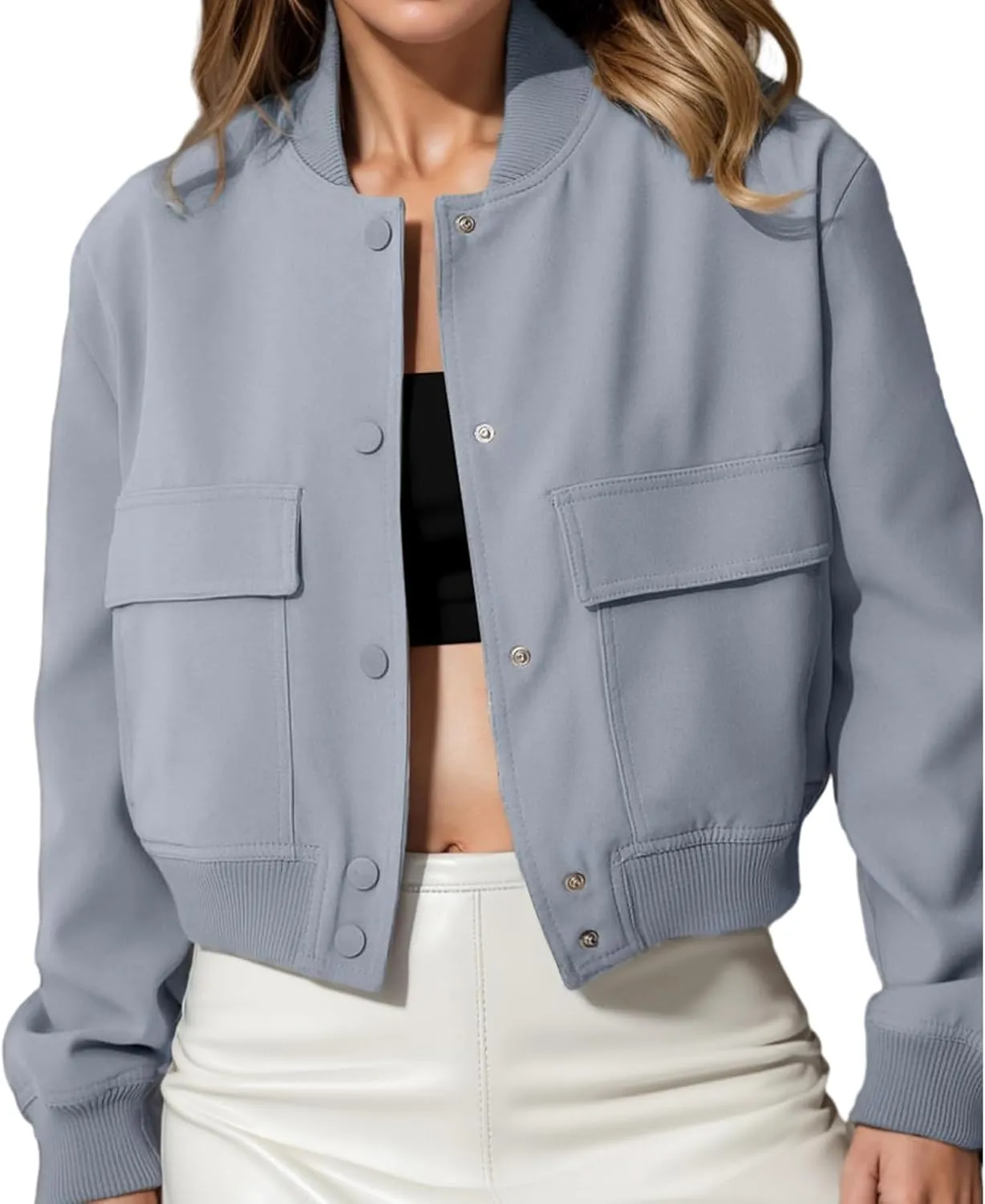 Women Cropped Bomber Jacket Button Down Varsity Jackets Shackets Trendy Coat with Pockets