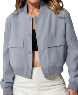 Women Cropped Bomber Jacket Button Down Varsity Jackets Shackets Trendy Coat with Pockets