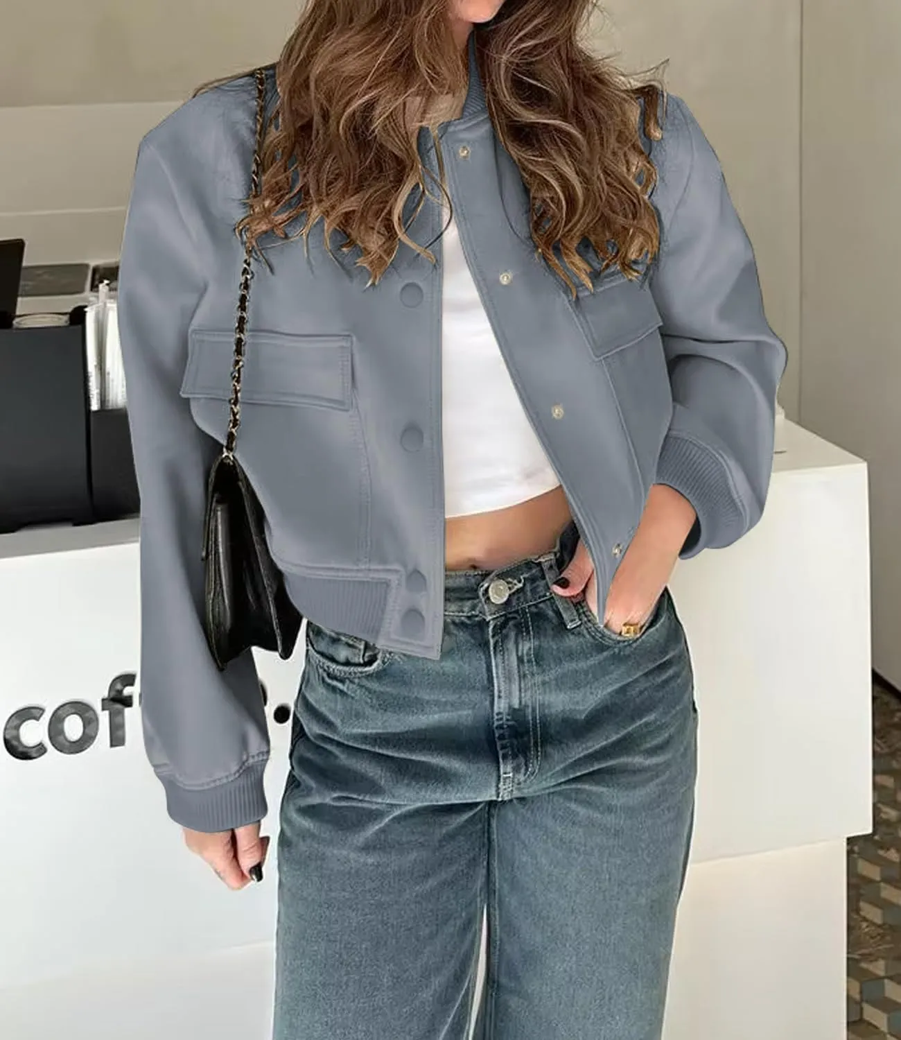Women Cropped Bomber Jacket Button Down Varsity Jackets Shackets Trendy Coat with Pockets
