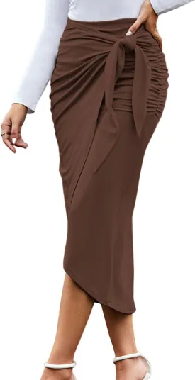 Women Ruched Pencil Skirt High Waist Wrap Tie Front Asymmetrical Long Maxi Skirts Bodycon with Slit