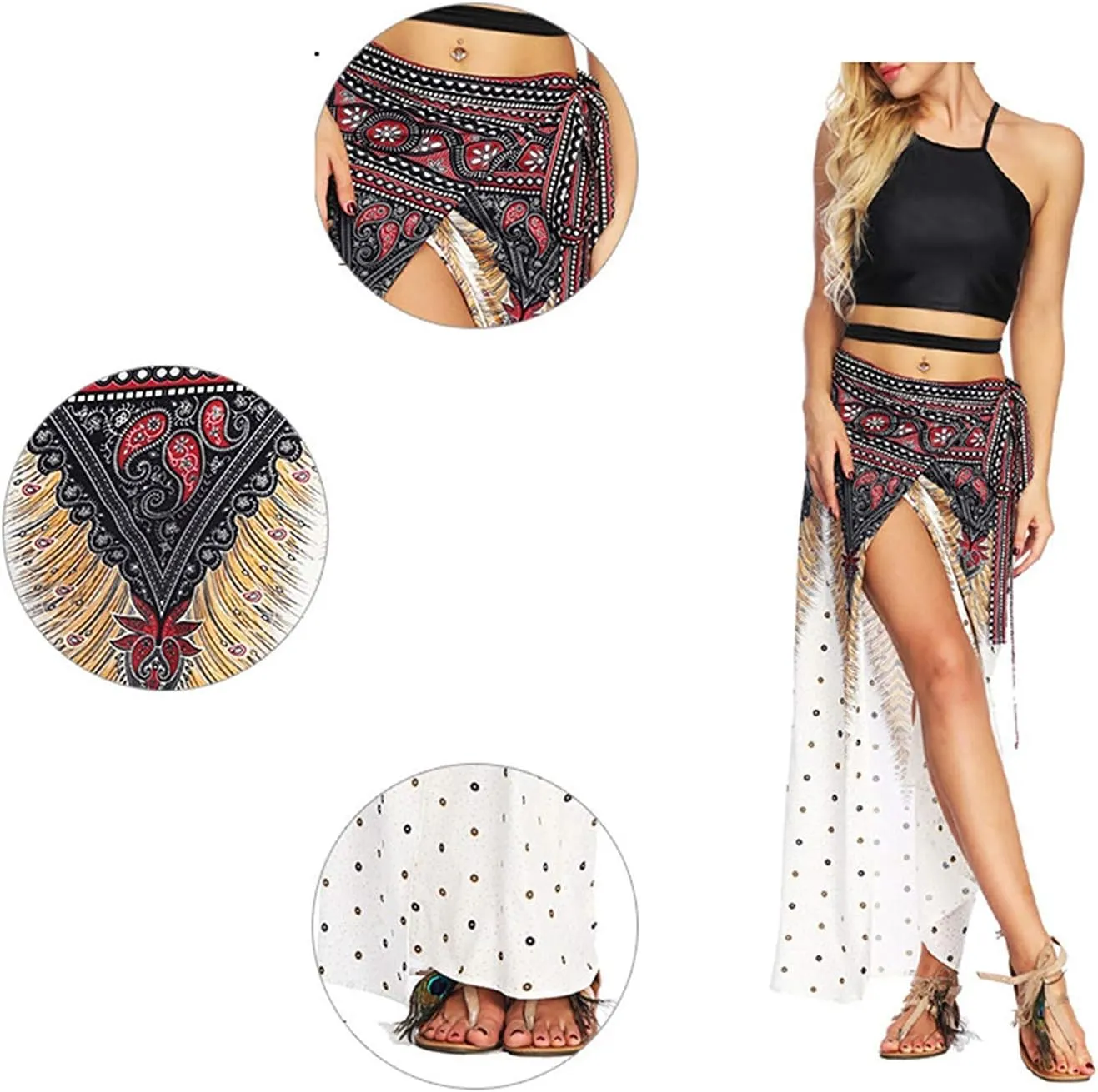 Women's Boho Bohemian Hippie Skirt Long Maxi Print Wrap Skirt Cover up Maxi Asymmetrical Summer Beach Skirt One Size