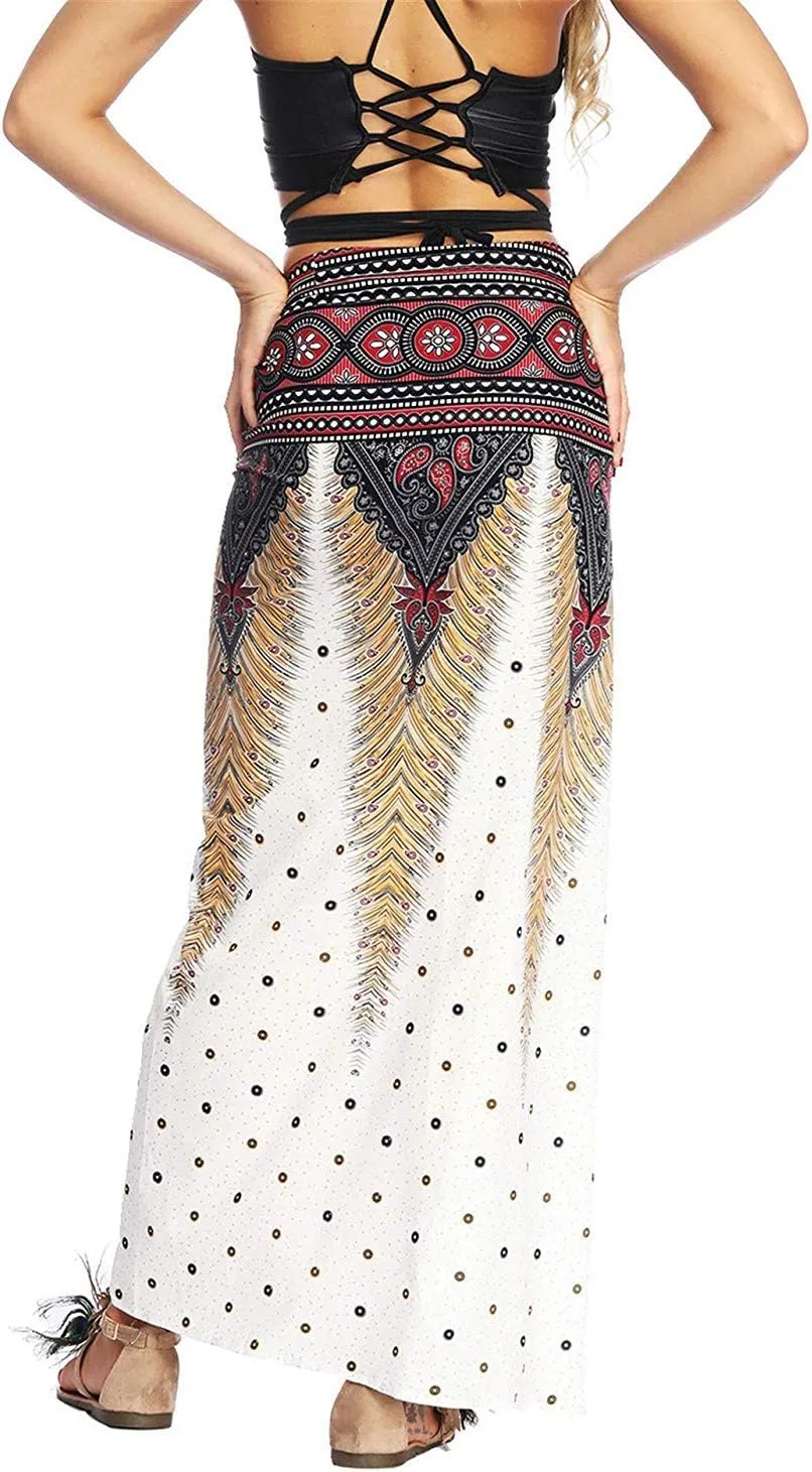 Women's Boho Bohemian Hippie Skirt Long Maxi Print Wrap Skirt Cover up Maxi Asymmetrical Summer Beach Skirt One Size