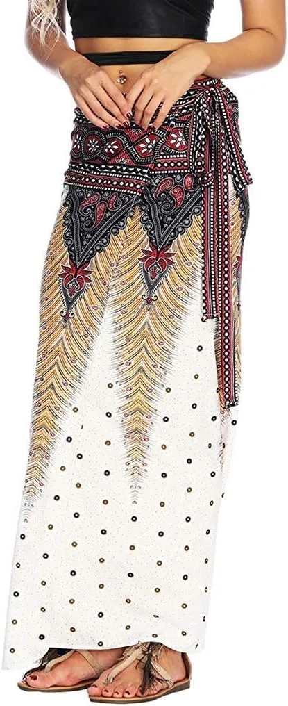 Women's Boho Bohemian Hippie Skirt Long Maxi Print Wrap Skirt Cover up Maxi Asymmetrical Summer Beach Skirt One Size