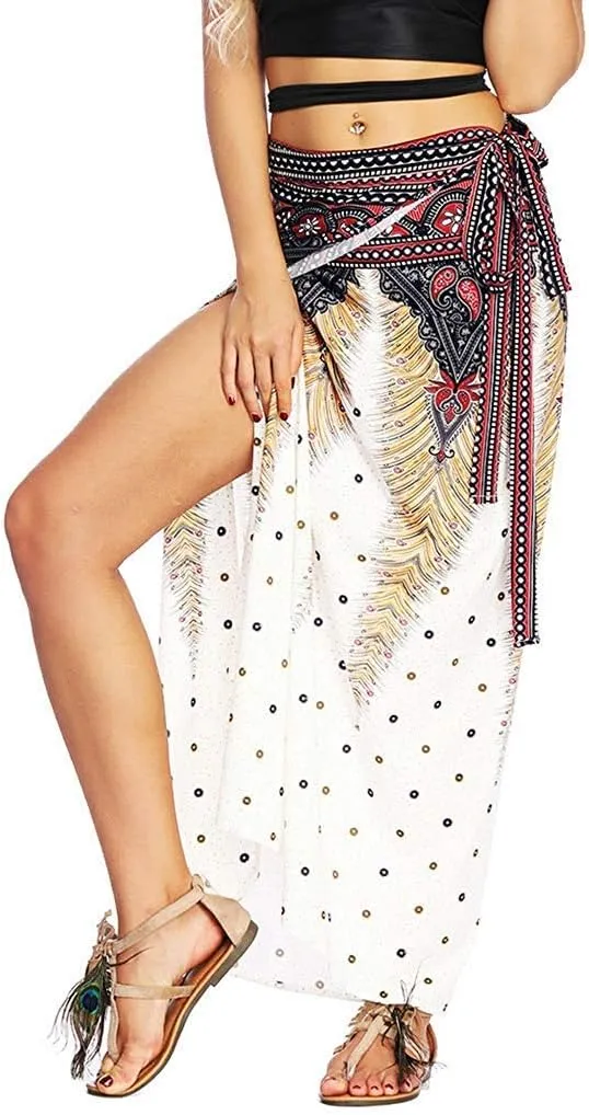 Women's Boho Bohemian Hippie Skirt Long Maxi Print Wrap Skirt Cover up Maxi Asymmetrical Summer Beach Skirt One Size