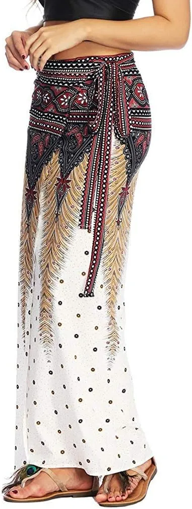 Women's Boho Bohemian Hippie Skirt Long Maxi Print Wrap Skirt Cover up Maxi Asymmetrical Summer Beach Skirt One Size
